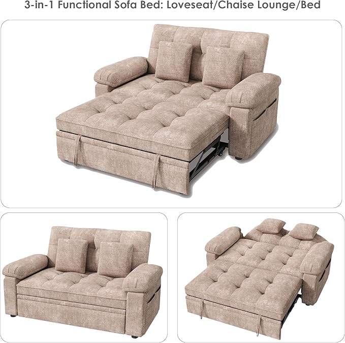 Keyluv 59” Loveseat Sleeper Sofa with USB Ports &amp Side Pockets 3 in 1 Convertible Sofa Bed for Living Room/RVs/Camper Pull Out Couch with Adjustable Backrest Chenille Khaki