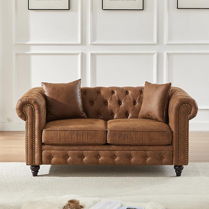 KEIKI Chesterfield Sofa Retro Style Upholstered 2 Seater Tech Fabric Couch with Rolled Arm for Living Room Bedroom Office Brown