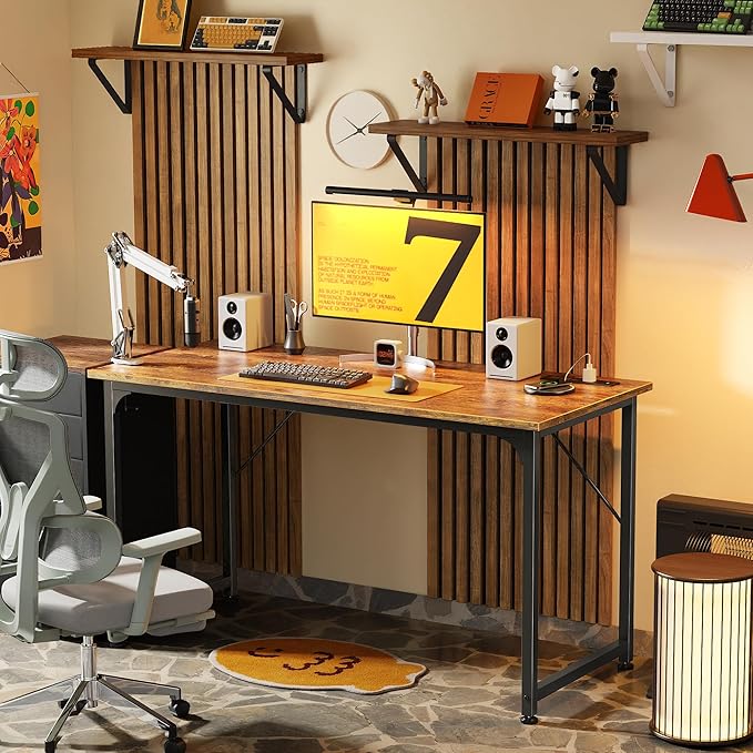 PRAISUN 47 X 20 Inch Office Computer Desk with Power Outlets and USB-C Port Larger Gaming Desk for Home Office Study Bedroom Writing Work from Home Table Metal Frame Rustic Brown