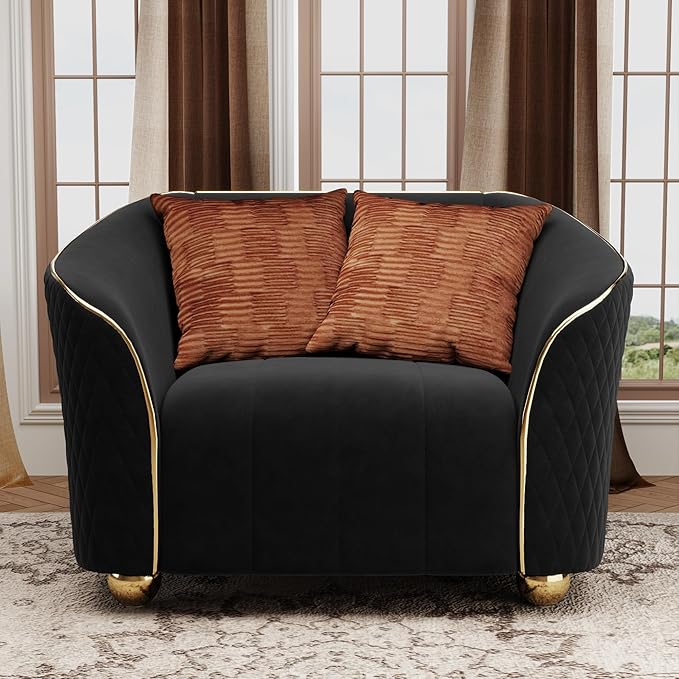 1-Piece Luxury Velvet Sofa Set for Living Room Elegant Design with Diamond-Stitched Armrests &amp Gold Trim Modern Black Couch Set with Golden Metal Legs (Black 1 Seater)
