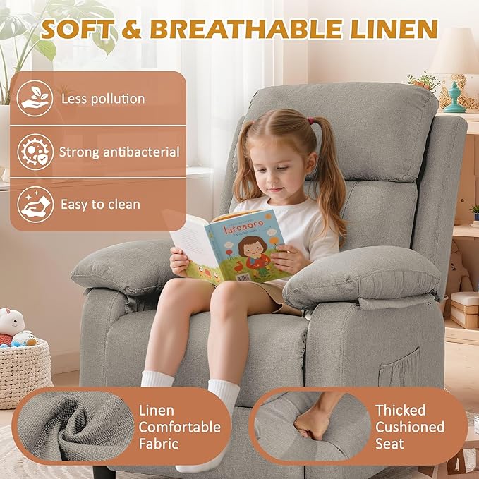 Recliner Chair Living Room Chairs for Adults Padded Deep Seat Reading Chair with Side Pockets Small Recliners for Small Spaces Lounge Chair for Living Room Bedroom and RV (Linen)