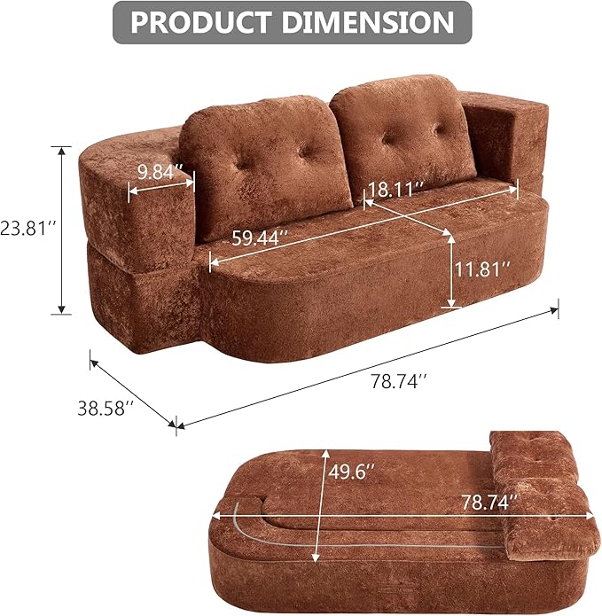 Hommoo Compression Sofa Convertible Sofa Bed Folding Sleeper Futon with Back Armrest 2 in 1 Floor Lounge Couch Chenille Fabric Foldable Mattress Couch for Living Room/Guest Room/Apartment Orange