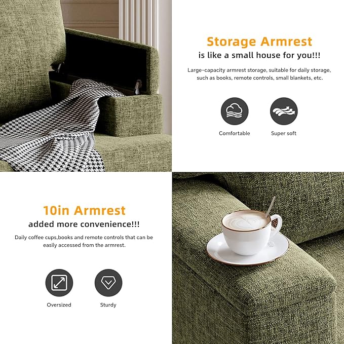 Sectional Couch Sofa with Armrest Organizer85 L Shaped Couch with OttomanVelvet Convertible Couches for Living Room3 Seats Sofas Set for BedroomHome FurnitureGreen