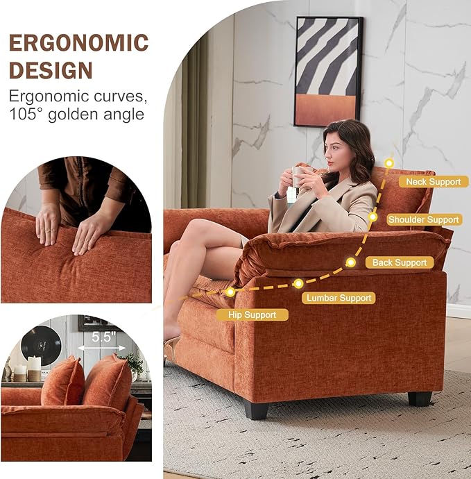 CDCASA Oversized Accent Chair Chenille Comfy Cloud Sofa Chair with Large Seat and Upholstered Armrests Modern Extra Wide Armchair Reading Chairs for Bedroom Living RoomTerracotta Orange