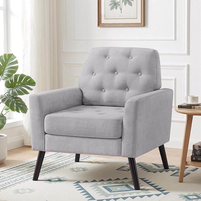 Accent Chair Set of 2 Mid Century Modern Living Room Chairs Upholstered Armchair with Tufted Back &amp Wood Legs Single Sofa Reading Side Chair for Bedroom Office Waiting Room Light Grey