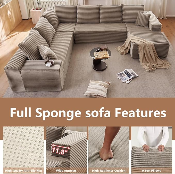 Cloud Modular Sectional Sofa for Living Room137x110 Oversized U-Shaped Couch with 9 PillowsBig Comfy Couches SetFluffy Deep-Seat Corduroy Sofa with ChaiseNo Assembly (CamelRight-Facing Chaise)