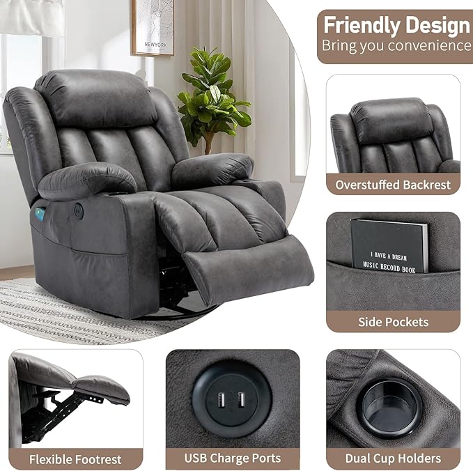 360° Swivel Rocker Recliner Chair with Heat and Massage Manual Glider Rocking Reclining Chair Swivel Overstuffed Lounge Reclining Chair with 2 Cup Holders Side Pockets &amp USB Ports Grey