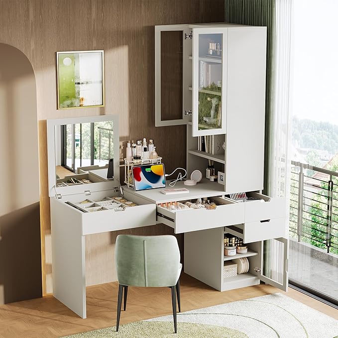 2-in-1 L-Shape Home Office Desk with Flip-top Mirror and Charging Station Studry Table with Hutch Computer Desk with 3 Drawers 8 Hidden Storage 2 Cabinets and Open Shelves (White)