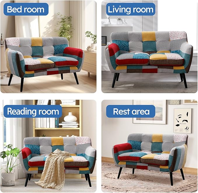 Bonzy Home Modern Boho Loveseat Couch Sofa Chair for Living Room Bedroom Upholstered Colorful Plaid Fabric 2-Seat Love Seat Sofa with Wood Leg for Small Space One Loveseat