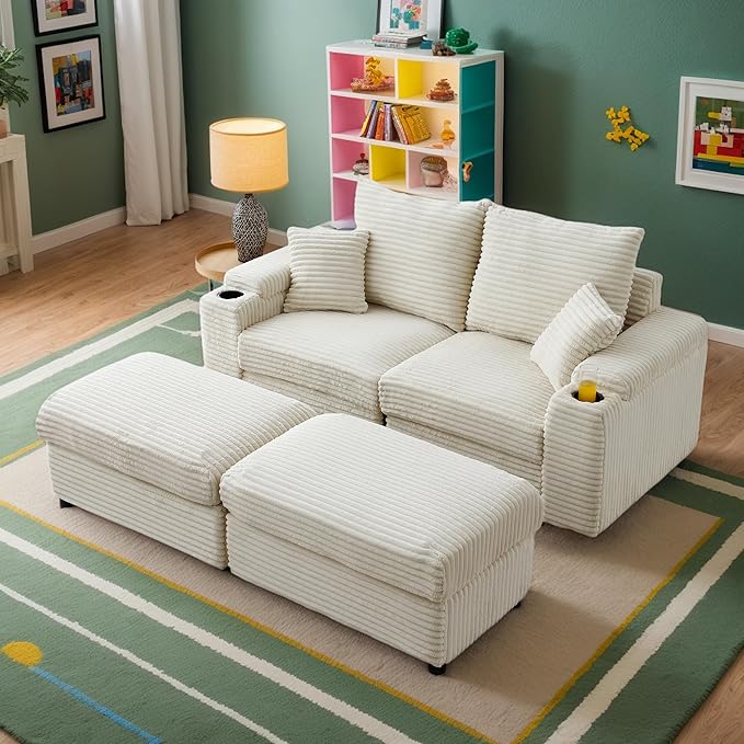 70.8 W Luxurious Corduroy Loveseat with Ottomans - Plush and Cozy Modular Sectional Sofa Set with Pillows Rack for Cozy Reading Compact Living Room (Beige &amp Two Seats)