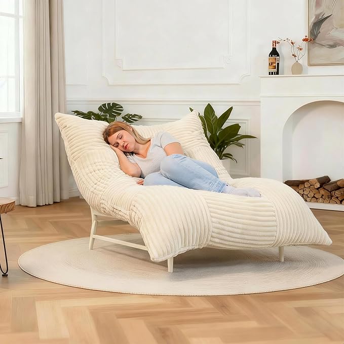 Modern Accent Chair Giant Bean Bag Lounge Chairs with Sturdy Metal Frame &amp Washable Cover Comfy Upholstered Chair for Reading Room Bedroom Cream