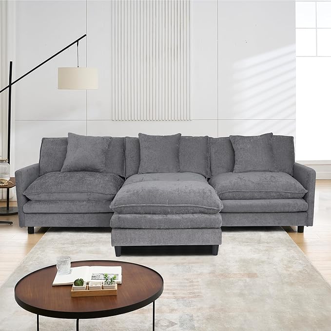 Oversized Modular Sectional SofaSofa Couch with Movable Ottoman Deep Seat L-Shape CouchSoft Chenille Corduroy Cloud Couches for Living Room ApartmentOffice (Grey 3+1 L)