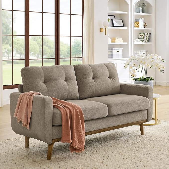 67 Velvet Loveseat Couch Modern Small Sofa with Walnut Wood Legs 2-Seater Fabric Upholstered Mini Sofa Couches for Small SpaceLiving Room Bedroom Office Dorm Apartment (Khaki)