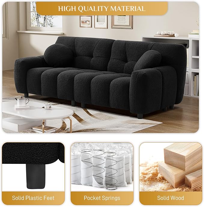 Modern Boucle Sofa Couch Comfy Deep Seat Teddy Cloud Couch 72.8 Upholstered Cozy Sherpa 2 Seater Couches with Pillows Oversized Loveseat Sofa for Living Room Apartment Black