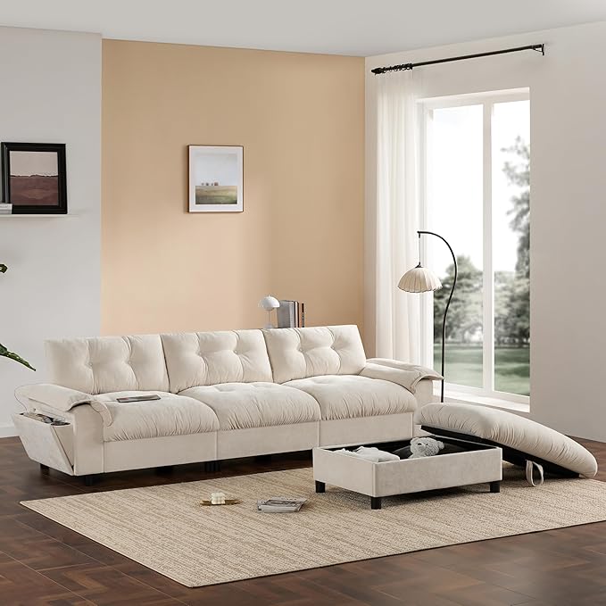 Mreax L-Shape Sectional Sofa with Movable Storage Ottoman and Multifunctional Armrest 4 Seater Oversized Chenille Upholstered Cloud Couch for Living Room Apartment Unique Tufted Design Beige
