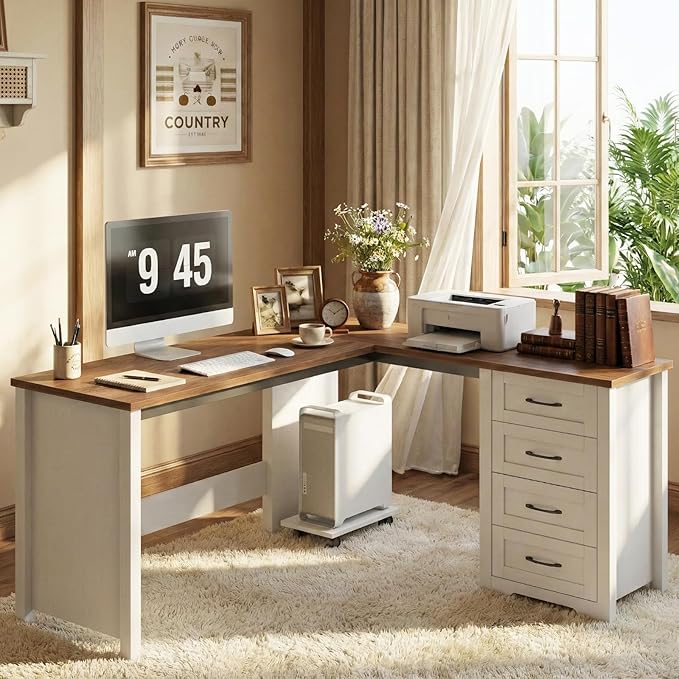 Vabches 61”Farmhouse L Shaped Executive Desk with Drawers Corner Computer Desk with Mobile CPU Stand Wood Writing Computer Desk for Work Study