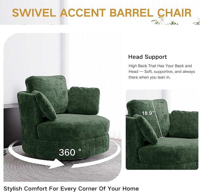 40.6''W Swivel Accent Barrel Chair Chenille Upholstered Round Single Couch Sofa with 3 Pillows for Living Room Apartment Bedroom (Green)