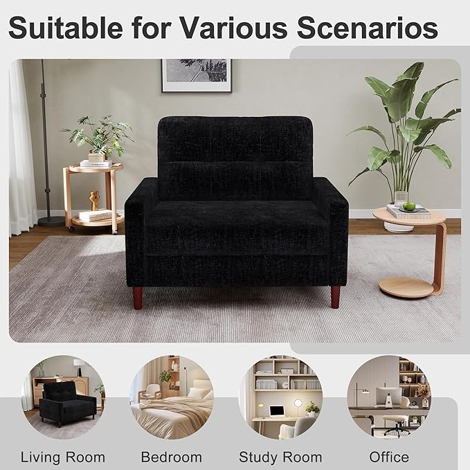 Accent Chair for Living Room Oversized 39.5 Chenille Fabric Armchair Mid Century Modern Single Sofa Chair Comfy Reading Chair for Bedroom Apartment Waiting Room (Black 2 Pack)