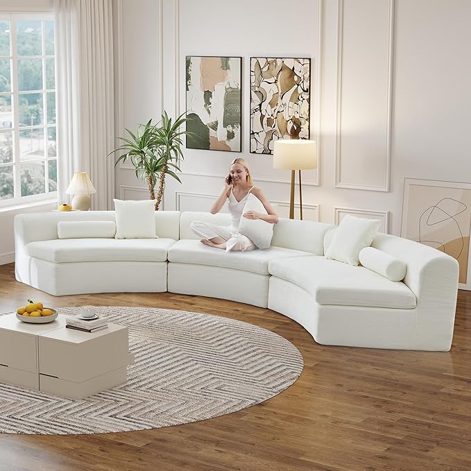 AVZEAR Curved Modular Sectional Sofa Chenille Upholstered Cloud 3 Seater Couch for Living Room No Assembly Modern Love Seat Sofa with 3 Bolster Pillows &amp 3 Square Pillows High-Density Foam Whi
