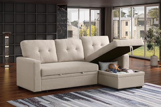 ERYE 82-inch Pull Out Sleeper Couch Bed L-Shaped Reversible Sleeper Sectional Sofa Linen Blend Tufted Upholstered Corner Convertible Sofa Bed with Storage Chaise