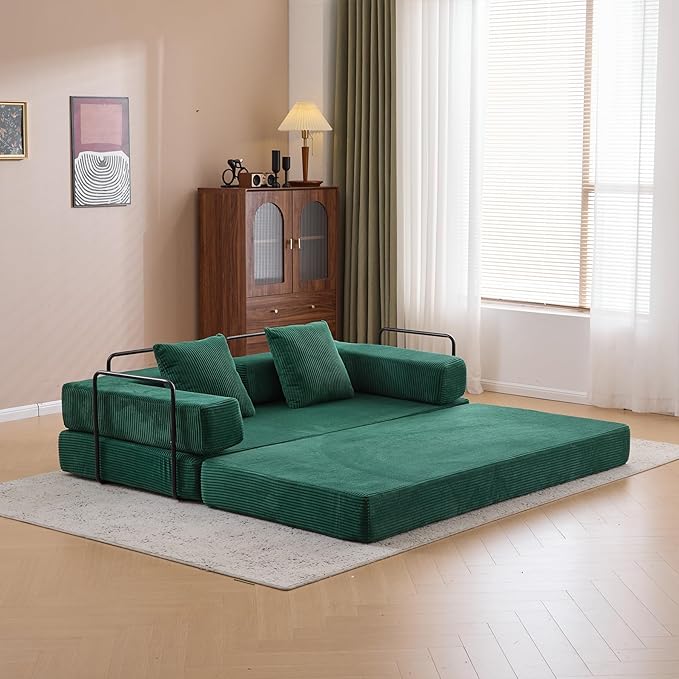 Folding Sofa Bed Convertible Sleeper Corduroy Floor Couch with Pillows Fold Out Couch King Size Bed Futon Couchs Foldable Memory Foam Mattress for Living Room Bedroom Playroom (Dark Green)