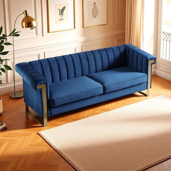 KEIKI 84 Velvet Sleek Channel-Tufted Sofa with Armrest and Back Cushions Modern Style Gold Accents 3-Seater Upholstery Couch with Solid Legs Easy Assembly for Living Room Bedroom Apartment Blue