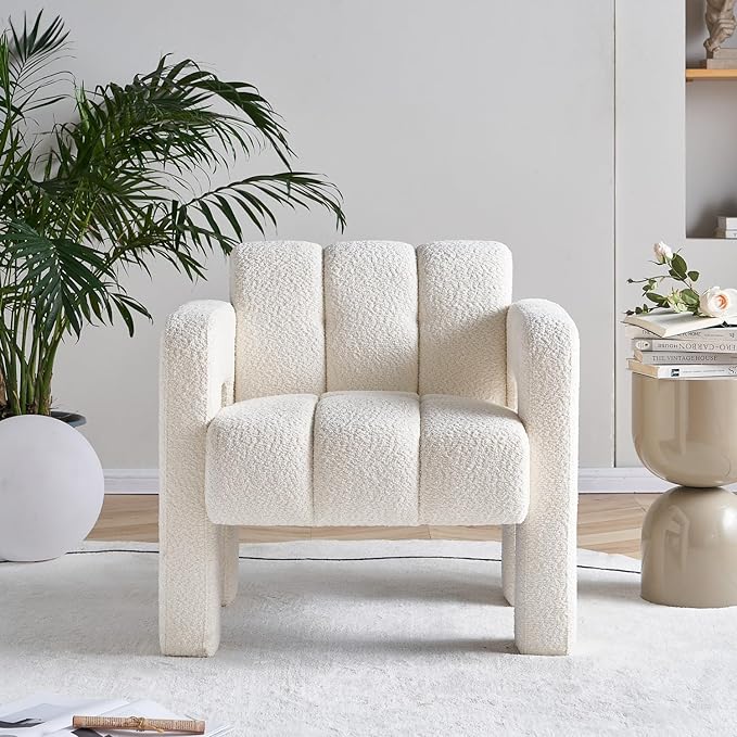 Accent Chair Living Room Chairs Modern Comfy Reading Nook Chair for Bedroom Upholstered Boucle Fabric Side Chair Armchair for Living Room Office (Beige)