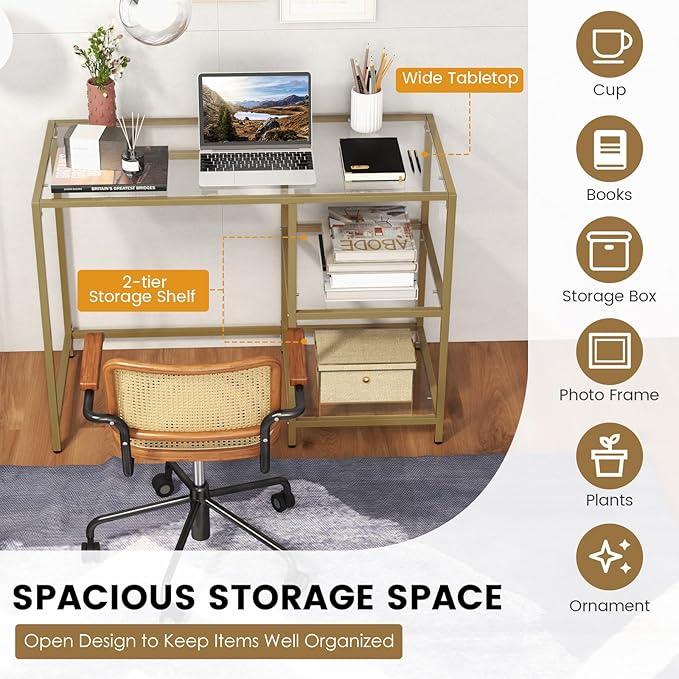 Tangkula Tempered Glass Computer Desk with 2-Tier Storage Shelves Modern Computer Workstation Vanity Makeup Table Sturdy Metal Frame Home Office Desk Student Writing Study Desk (Gold)