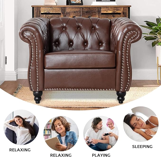 Brown Chesterfield Accent Chair Faux Leather Upholstered Tufted Wingback Club Chair Mid-Century Modern Living Room Chair with Sturdy Wood Frame Comfy Oversized Armchair for Bedroom Office