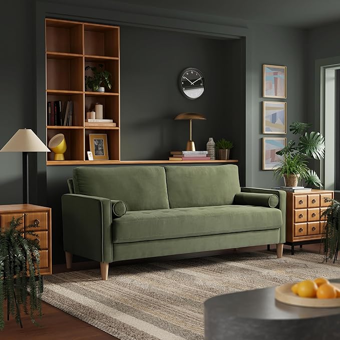 Studio Living® Lexington 75.6 Sofa Mid-Century Modern Pocket Coil Comfort Easy Assembly Velvet Fabric Olive Green