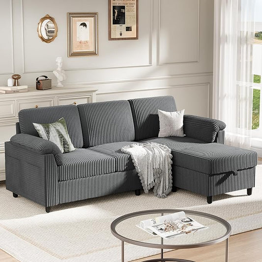 Meilocar Sectional Couches for Living Room L Shaped Couch with Side Storage Pockage Comfortable 3 Seat Sofa Couches for Apartment Grey