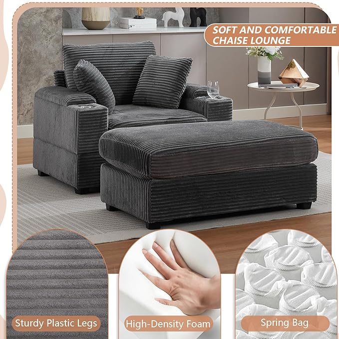 50 Oversized Chaise Lounge Chair Indoor with Ottoman and Storage Comfy Corduroy Sleeper Chair with Cup Holder Deep Seat Upholstered reading Chair Reclining Chair for Living Room Bedroom(Grey)