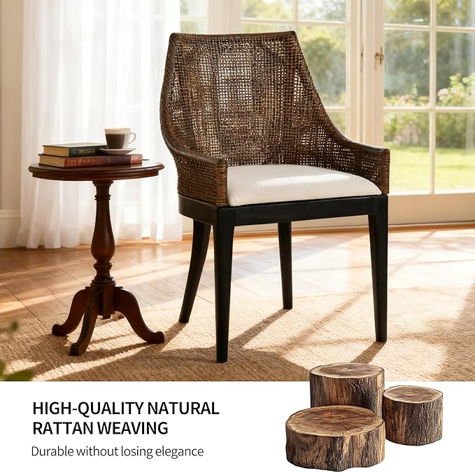 DUHOME 2 Sets Natural Cane Mesh Rattan Accent Chairs Tropical Coastal Woven Back Armchairs with Beige Fabric Cushion &amp Black Tapered Wood Legs Coastal Chairs for Living Room Bedroom