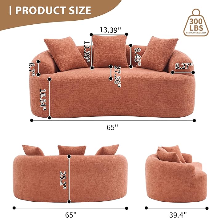 Curved Loveseat Sofa Couch for Living Room 65’’ Modern Comfy Cloud Floor Couch Round Sofa Full Sponge Compression Sofas with Deep Seat for Small Spaces Apartment No Assembly Needed Chenille Orange