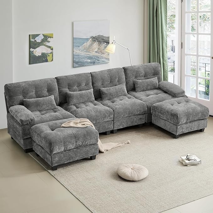 119'' Modular Sectional Cloud Couch with 2 OttomanDeep Seat Sleeper Sofa U Shaped Sectional CouchConvertible Upholstered Comfy Chenille Sectional Sofa for Living RoomBedroom(Grey)