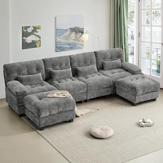 119'' Modular Sectional Cloud Couch with 2 OttomanDeep Seat Sleeper Sofa U Shaped Sectional CouchConvertible Upholstered Comfy Chenille Sectional Sofa for Living RoomBedroom(Grey)