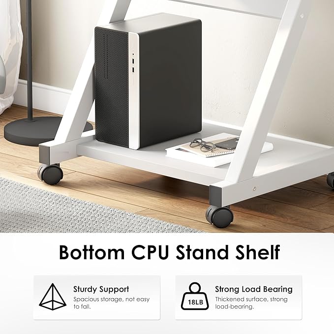 sogesfurniture Mobile Compact Computer Desk Cart for Small Spaces Portable Computer Desk Small Rolling Work Workstation for Home and Office with Printer Shelf Keyboard DrawersWhite