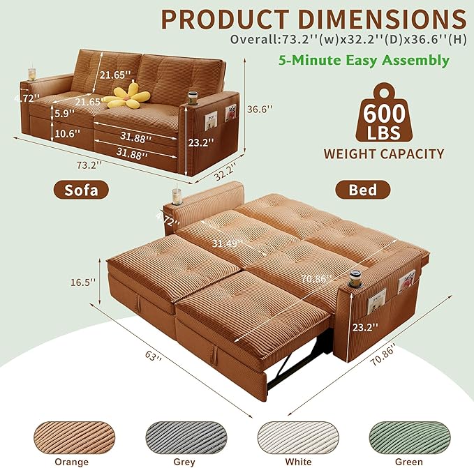 73.2'' Futon Sofa Bed Full Convertible Pull Out Couch with Adjustable Backrest Pre-Assembled Corduroy Sleeper Sofa 2 Cup Holders &amp Pockets USB Loveseat for Living Room Apartment Orange