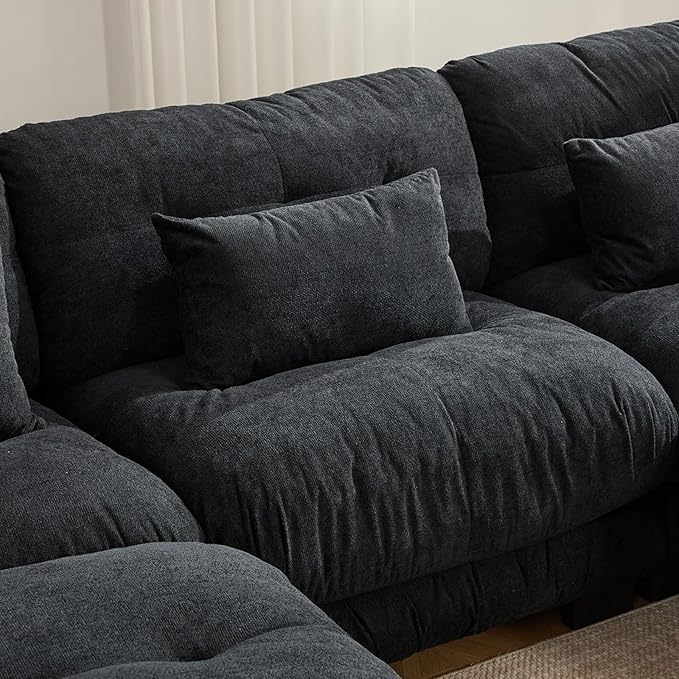 118 Oversized U Shaped Sectional Couch with 2 Ottomans Pelletized Velvet Cloud Couch with Bolster Armrest Pillows 3 Seater Comfy Sofa Modular Couches for Living Room (Black 118+2 Ottoman)