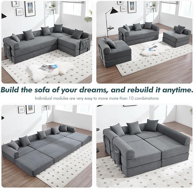 10-in-1 Folding Convertible Sofa Bed 141 Inch Boneless Couch with Fixed-Shape Frame Corduroy Modular Sectional Sofa Mattress Sleeper Sofa Floor Sofa Futon Couch for Living Room (Grey)