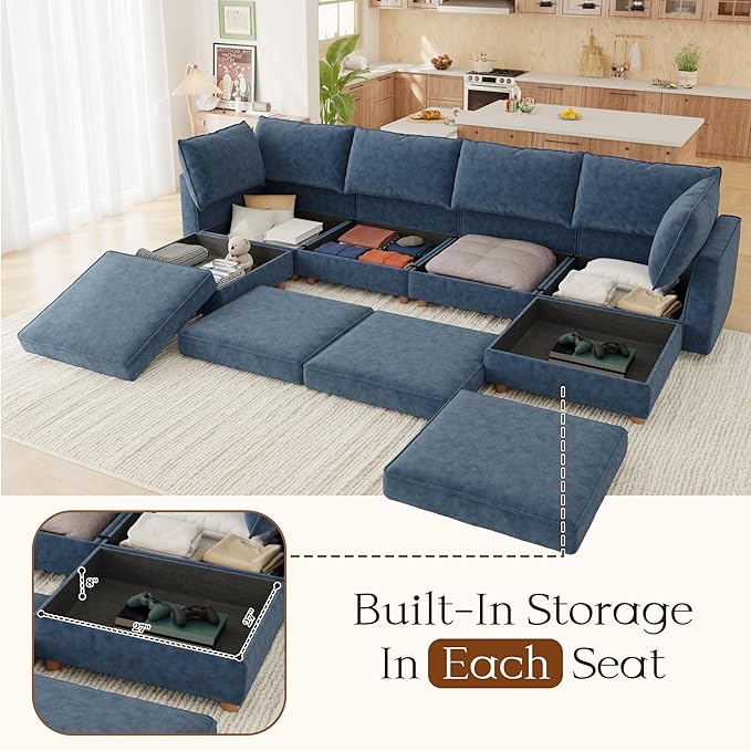 93'' Modular Sectional SofaFSC Certified 4 Seater Sectional SofaChenille Couch with Removable Washable CoversModern Couch with OttomanU Shaped Couch with StorageBlue Couches for Living Room