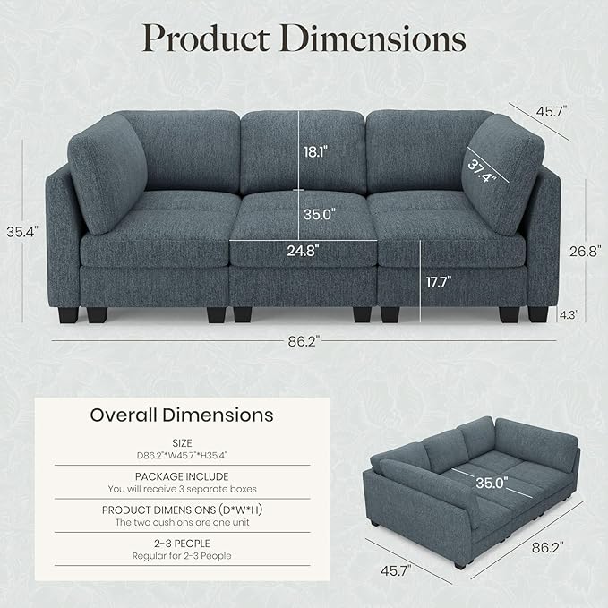 Belffin 86.2 Sectional Sleeper SofaOversized Sectional Couch Wide Deep Seat Sofa BedModular Sectional Couches for Living RoomApartment and BedroomBlue Grey