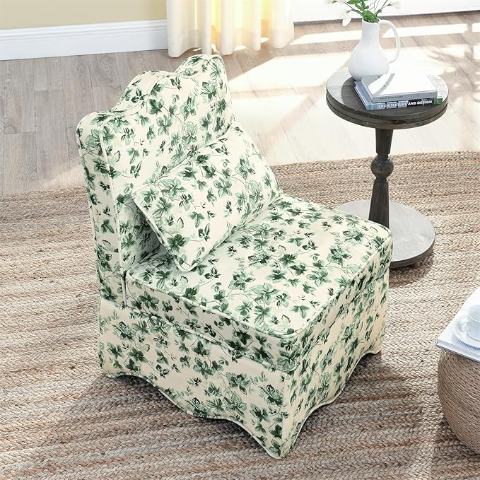 Polibi Retro Single Chair with Flower Pattern and Wave-Shape Edge Flannel Upholstered Armless Sofa Chair with Seat Cushion and Pillow for Living Room Bedroom Green Flower