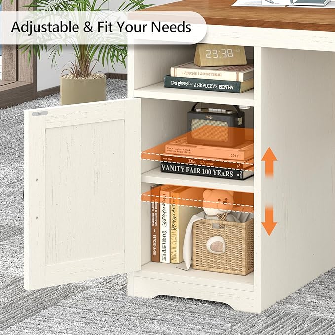TVU Farmhouse Computer Desk with Drawers 65'' Home Office Desk with Power Outlets Storage Cabinet and Printer Stand Study Writing Desks with Long Monitor Stand Brown and White