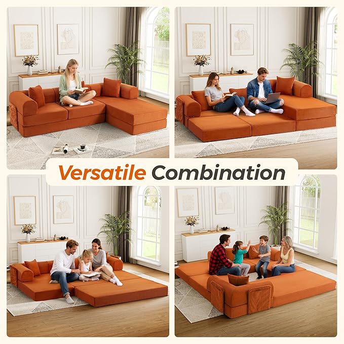 106.3 Oversized Convertible Sleeper Sofa Bed L Shape Modular Sectional Cloud Sofa with Fixed-Shape Frame Boneless Couch with Storage Pocket for Living Room No Assembly Required Orange