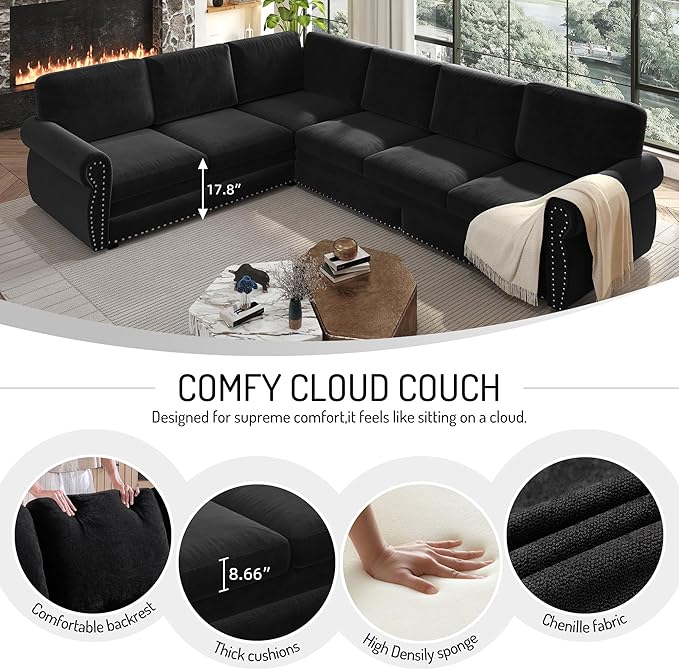 118 Sleeper Sofa Bed Sectional Couches for Living Room/Apartment Chenille L Shaped Couch with Pull Out Couch Bed Convertible Sectional Sofa with Rolled Arm &amp Nailhead Trim Black