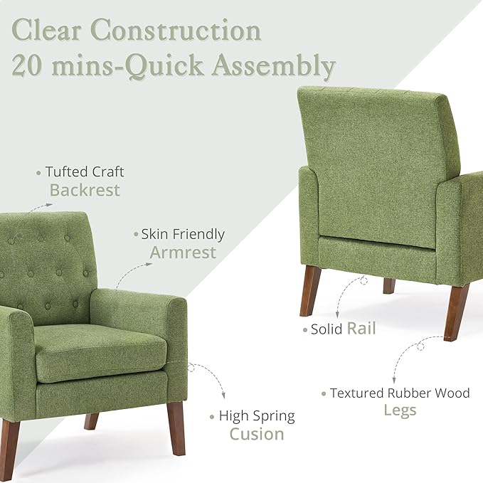 LUE BONA Linen Accent Chair 18.5 H Upholstered Button Tufted Arm Chair Comfy Living Room Chair with Arms Modern Armchairs for Bedroom Living Room Avocado Green