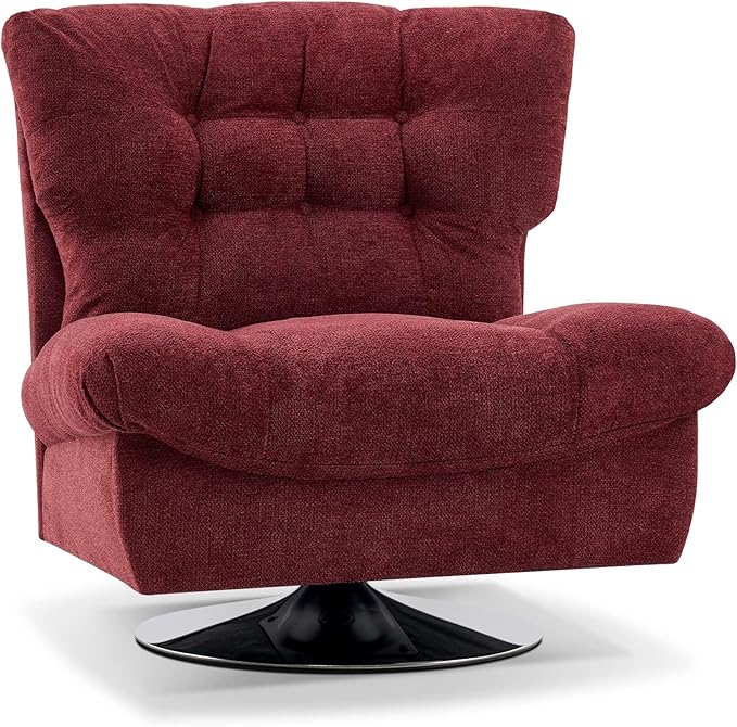 MCombo Swivel Accent Chair Modern Tufted Upholstered Armless Chairs Wide Seat Single Sofa Chair for Living Room Bedroom LW753 (Burgundy)