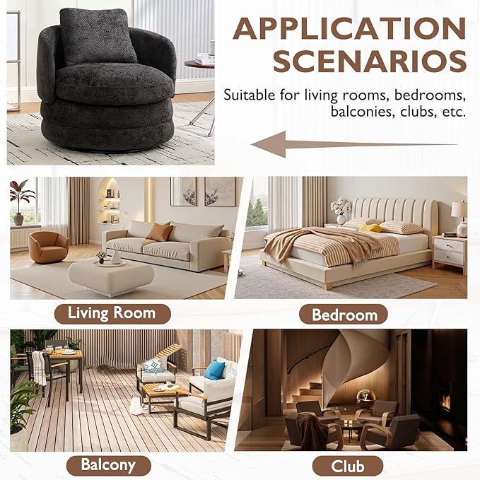 Beige Swivel Accent Chairs for Living Room Round Swivel Barrel Chair with Comfy Pillow &amp Curved Backrest Small Upholstered Armchair for Small Spaces Bedroom Office (Dark Gray)