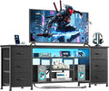Furologee LED TV Stand for 65 70 Inch TV 63 Inch Entertainment Center with Power Outlets 6 Fabric Drawers Dresser for Bedroom Media Console with Open Shelves PU Leather Surface Black